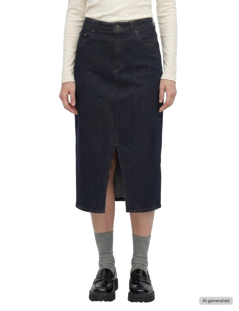Fustă Eureka Denim albastru închis, față, purtată cu pulover crem, crăpătură frontală vizibilă