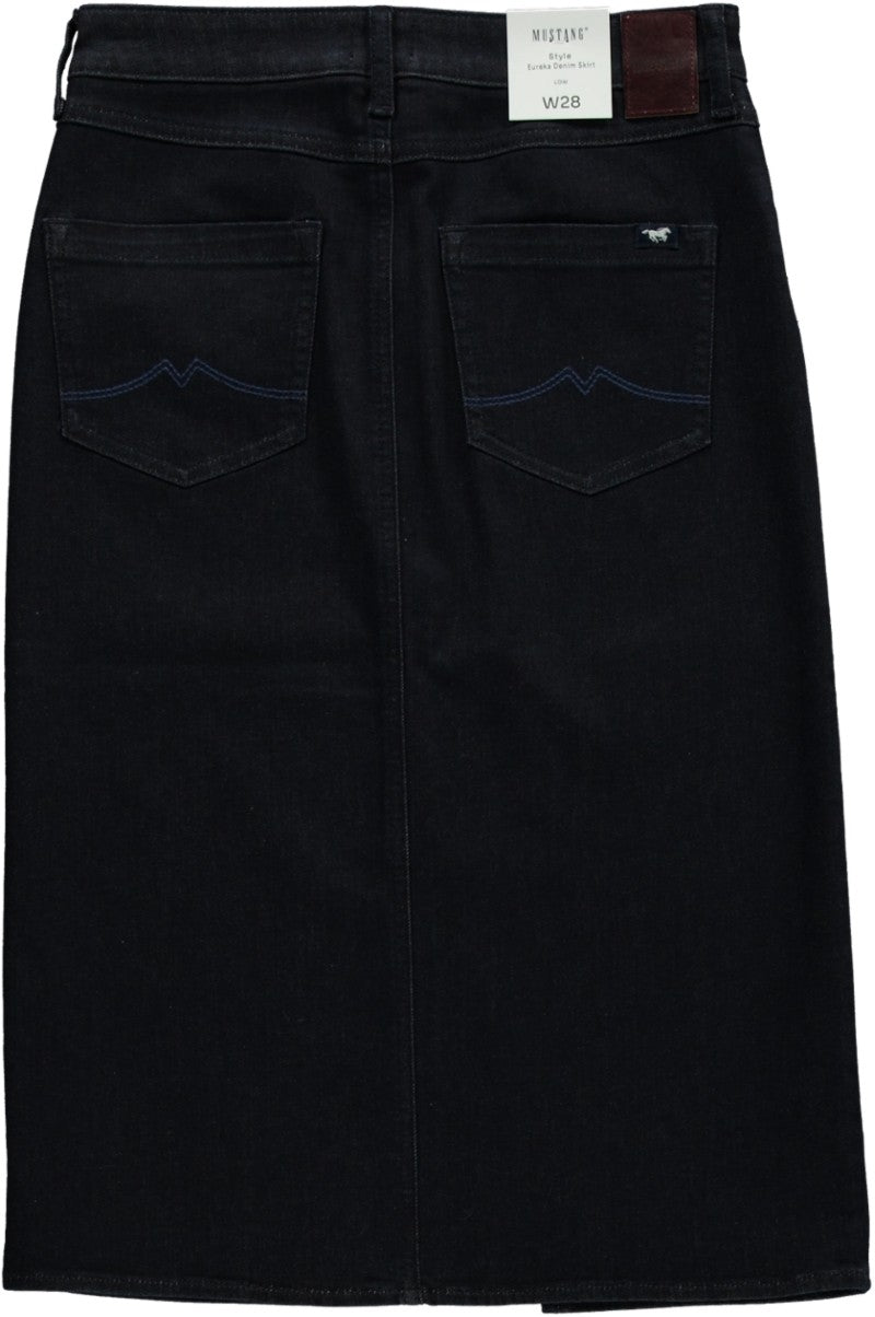 Fustă Eureka Denim albastru închis, spate, așezată plat cu eticheta de mărime W28 și buzunarele vizibile