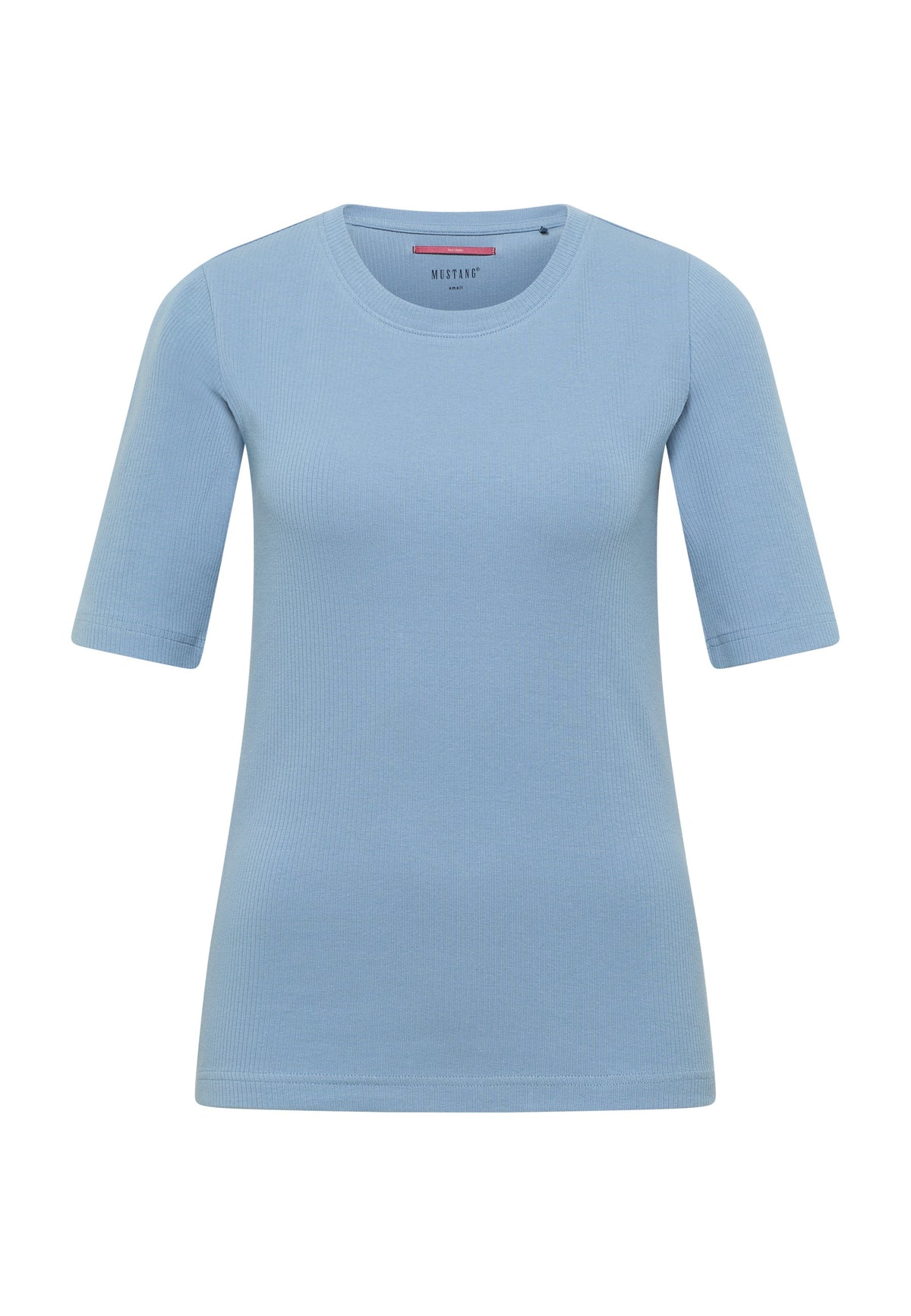 Tricou Avery albastru deschis, față, croi mulat cu decolteu rotund larg