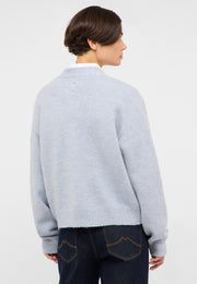Cardigan Sedalia albastru deschis, spate, nasture metalic mic sub guler