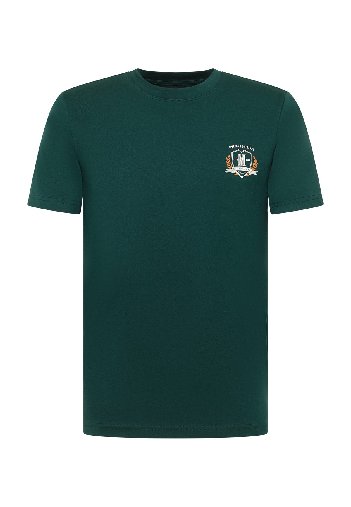 Tricou Austin verde, față, imprimeu mic pe piept cu blazon alb și textul First European Denim