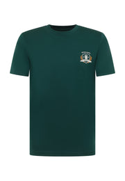 Tricou Austin verde, față, imprimeu mic pe piept cu blazon alb și textul First European Denim