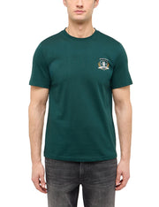 Tricou Austin verde, față, imprimeu mic pe piept cu blazon alb și textul First European Denim
