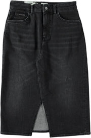 Fustă Eureka Denim neagră, față, midi, cu despicătură în față, nasture metalic și nituri pe buzunarul mic