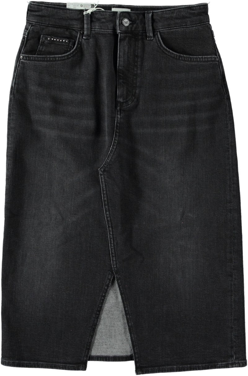 Fustă Eureka Denim neagră, față, midi, cu despicătură în față, nasture metalic și nituri pe buzunarul mic