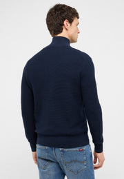 Cardigan Escondido albastru închis, spate, pe model, guler înalt cu fermoar