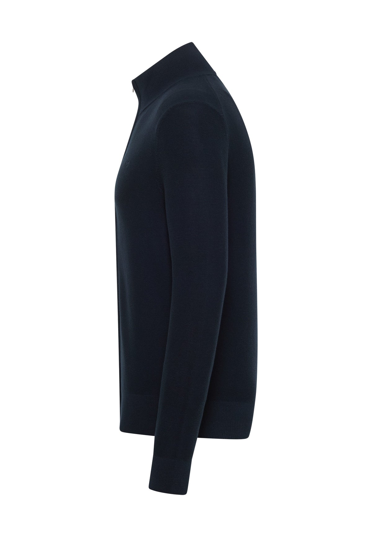 Cardigan Escondido albastru închis, lateral, pe model, croi drept la corp