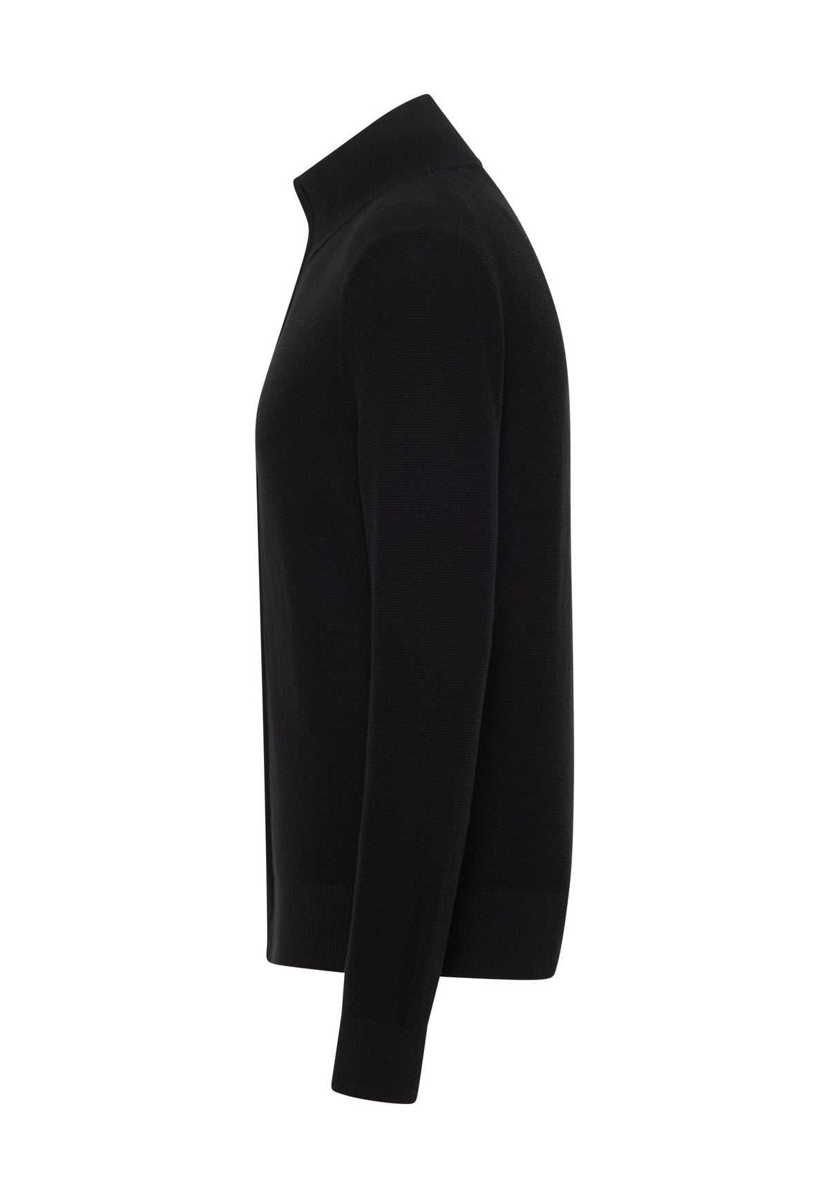 Cardigan Escondido negru, lateral, pe model, croi drept la corp