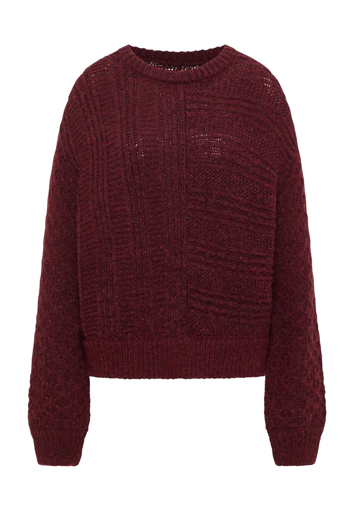 Pulover Sofia bordo, față, guler rotund cu bordură canelată, mâneci largi cu model în romburi și manșete canelate