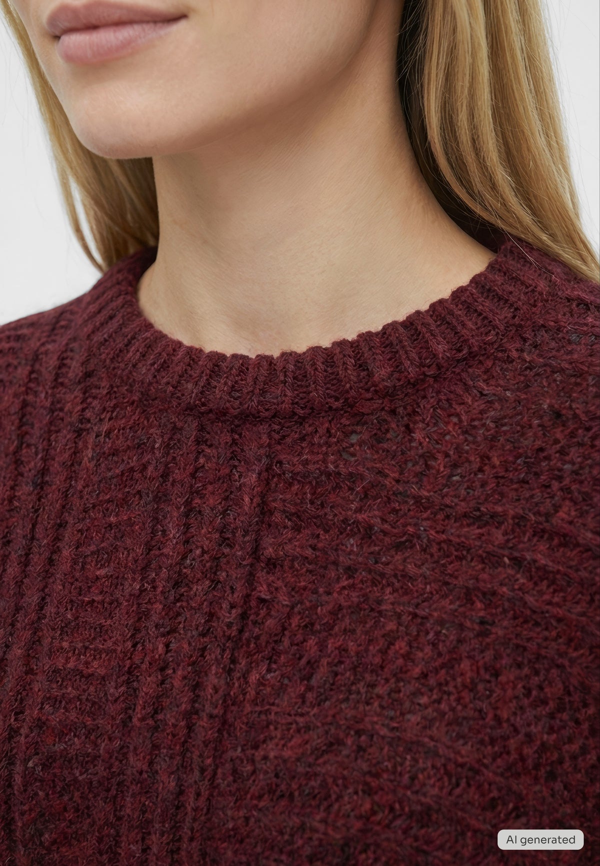 Pulover Sofia bordo, detaliu, guler rotund canelat și tricot cu textură groasă și zone aerate