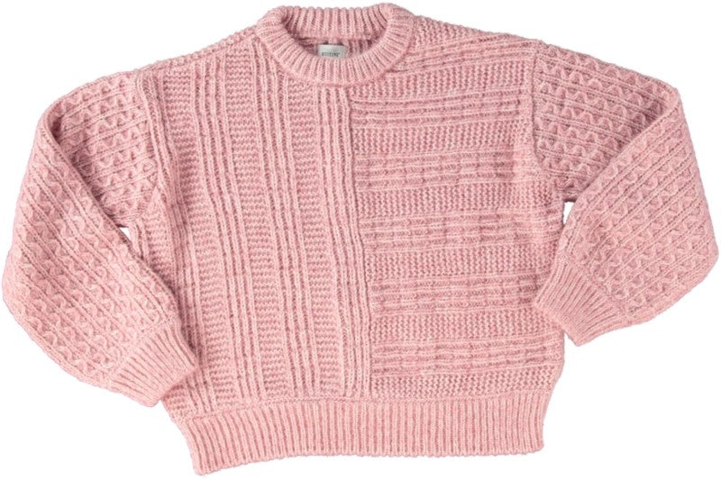 Pulover Sofia roz, față, tricot gros cu panou cu torsade în stânga și panou cu dungi orizontale în dreapta