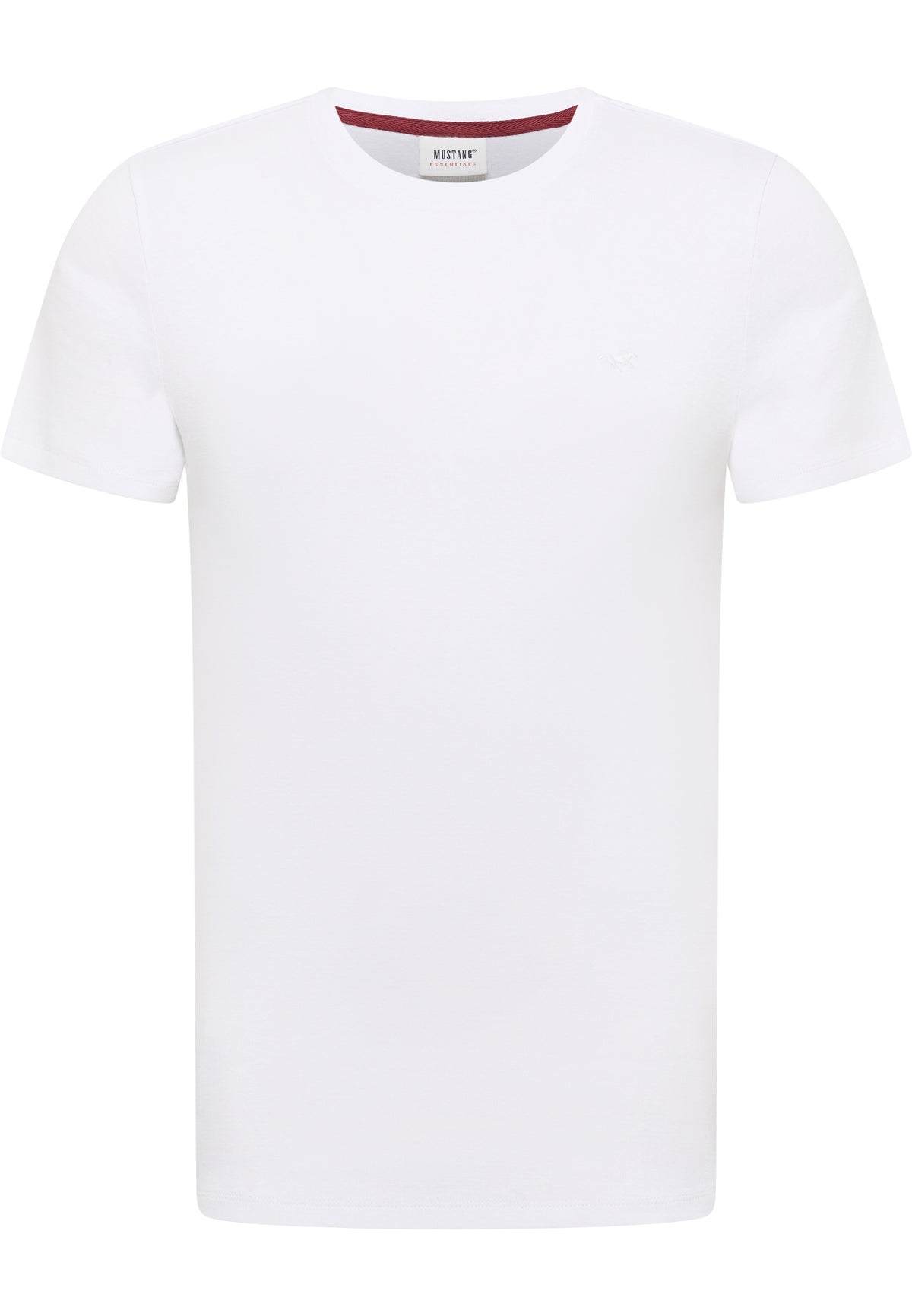 Tricou Allen alb, față, așezat plat, guler rotund cu bandă interioară în dungi bordo