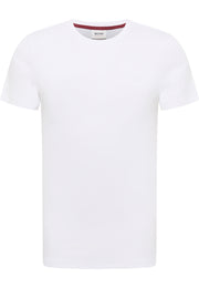 Tricou Allen alb, față, așezat plat, guler rotund cu bandă interioară în dungi bordo