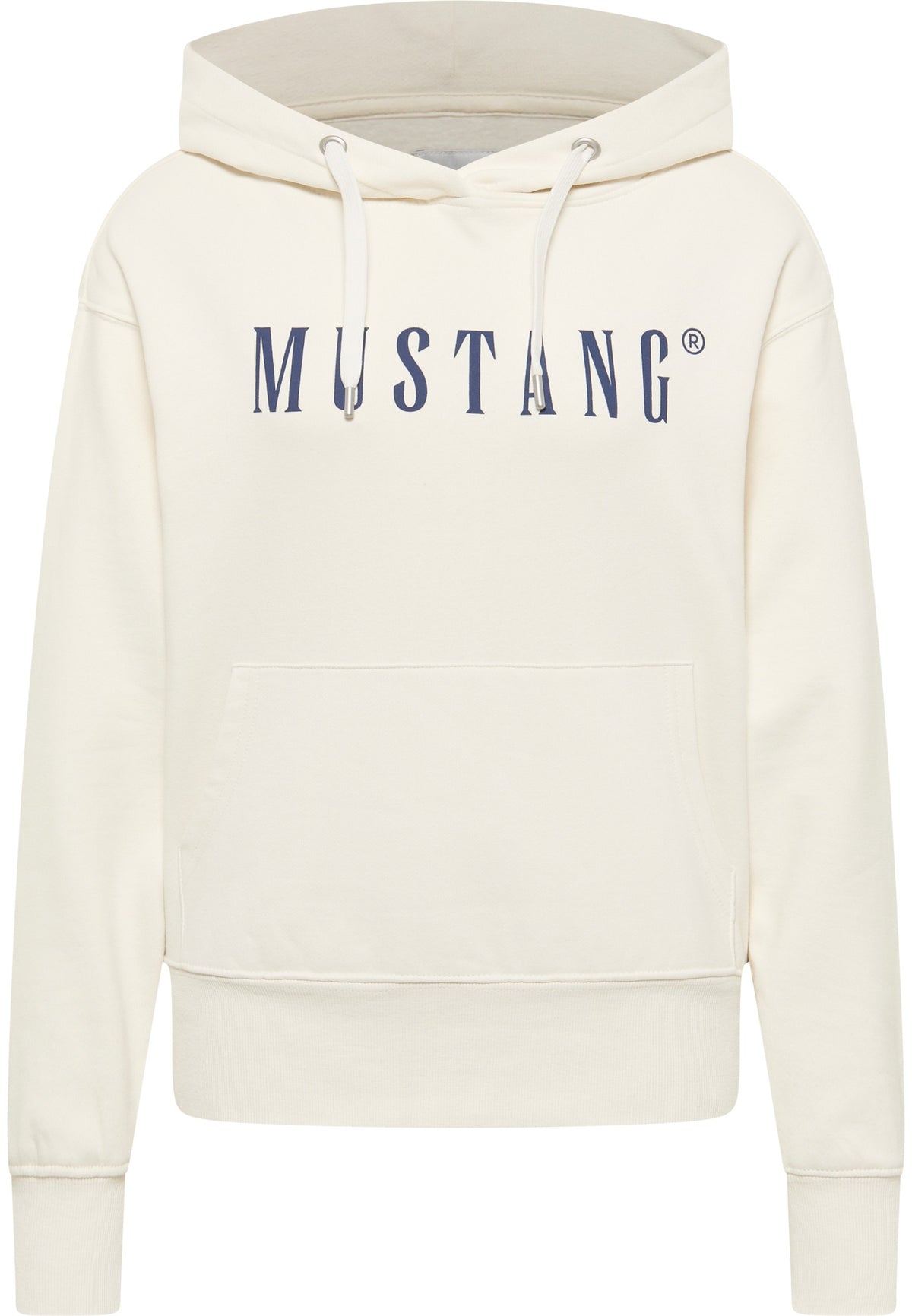 Hanorac Margo alb crem, față, imprimeu bleumarin „MUSTANG” pe piept, buzunar tip cangur