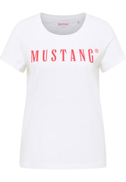 Tricou Alma alb, față, imprimeu roșu „MUSTANG” pe piept
