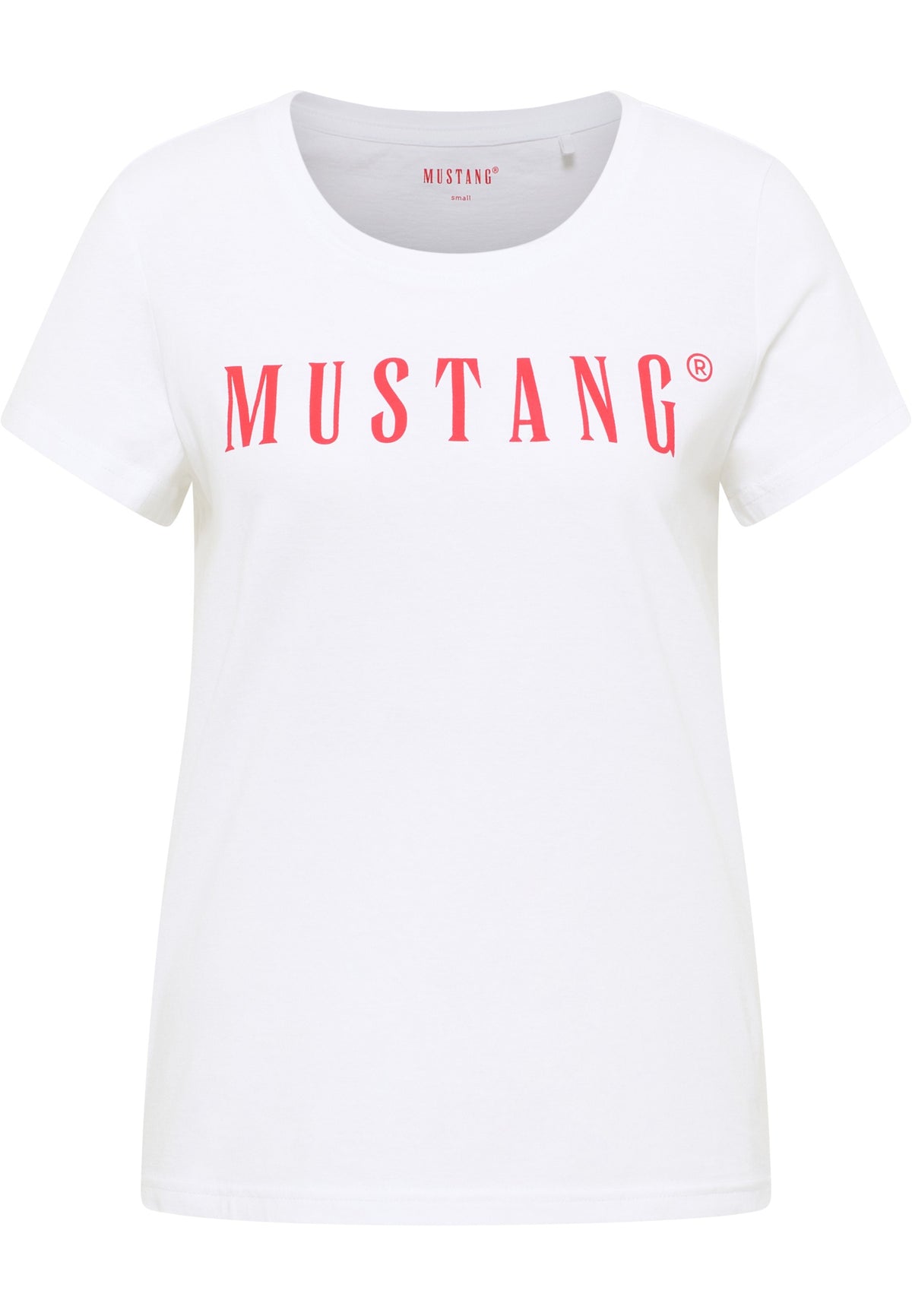 Tricou Alma alb, față, imprimeu roșu „MUSTANG” pe piept