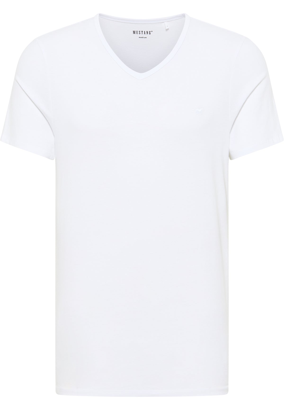 Tricou Amado 2-Pack alb, față, decolteu în V, etichetă la guler cu inscripția „Mustang”