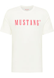 Tricou Austin alb, față, imprimeu roșu „MUSTANG” pe piept, plan apropiat