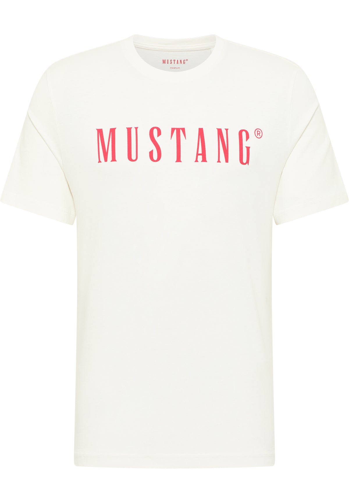 Tricou Austin alb, față, imprimeu roșu „MUSTANG” pe piept, plan apropiat