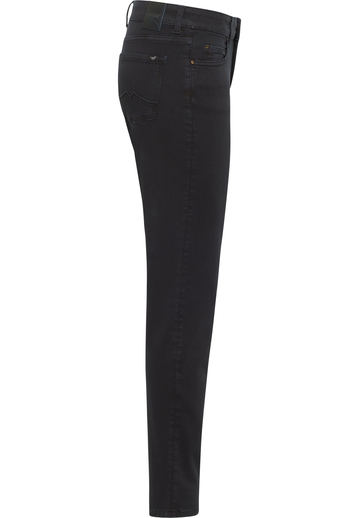 Blugi Crosby negru, lateral, croi slim, petic negru la betelie cu inscripția Mustang