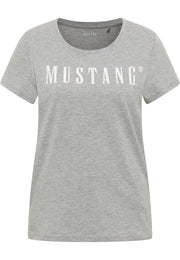 Tricou Alma gri melanj, față, imprimeu alb „MUSTANG” pe piept