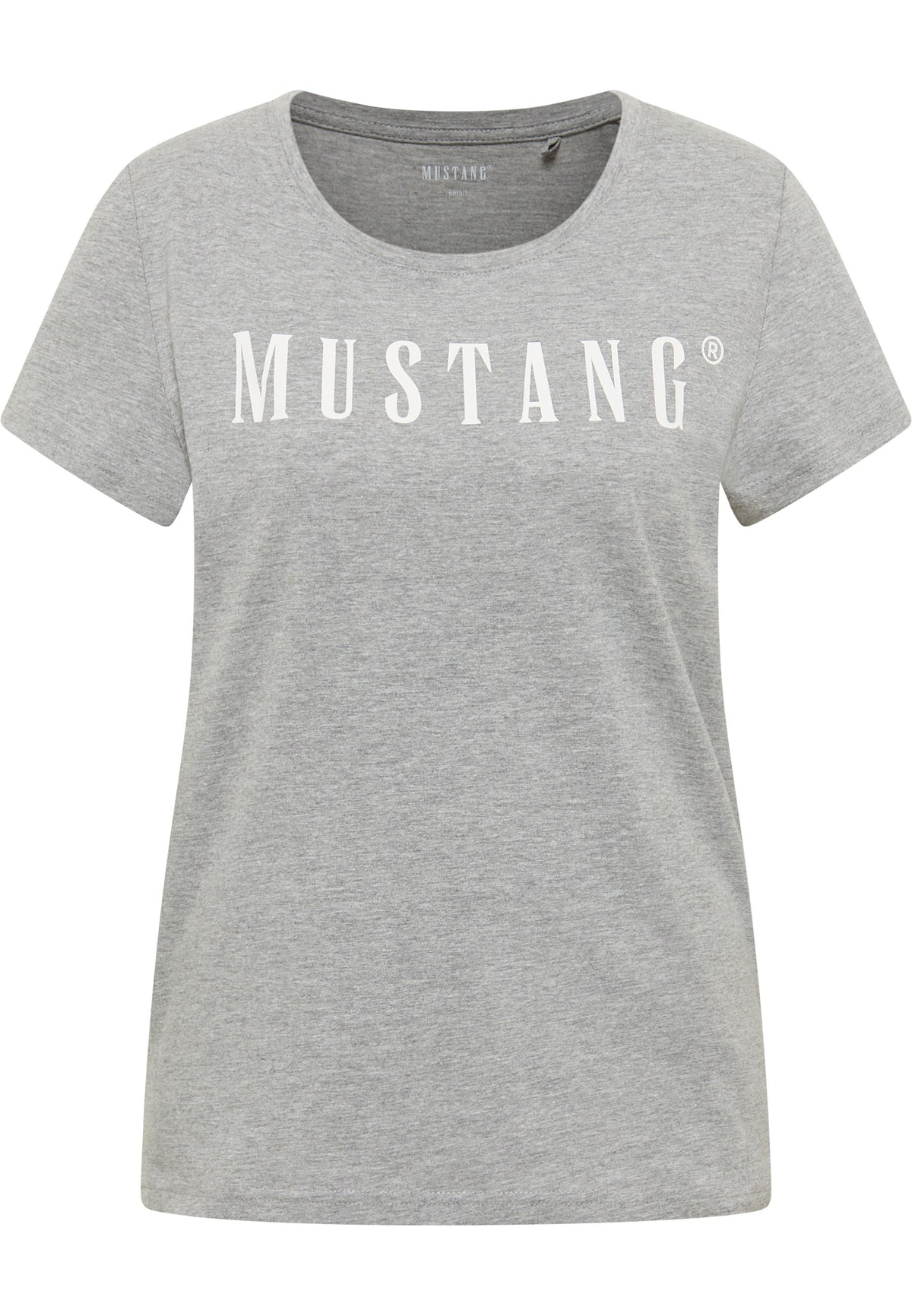 Tricou Alma gri melanj, față, imprimeu alb „MUSTANG” pe piept