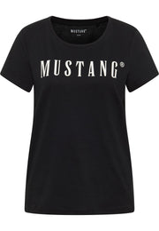 Tricou Alma negru, față, imprimeu alb „MUSTANG” pe piept