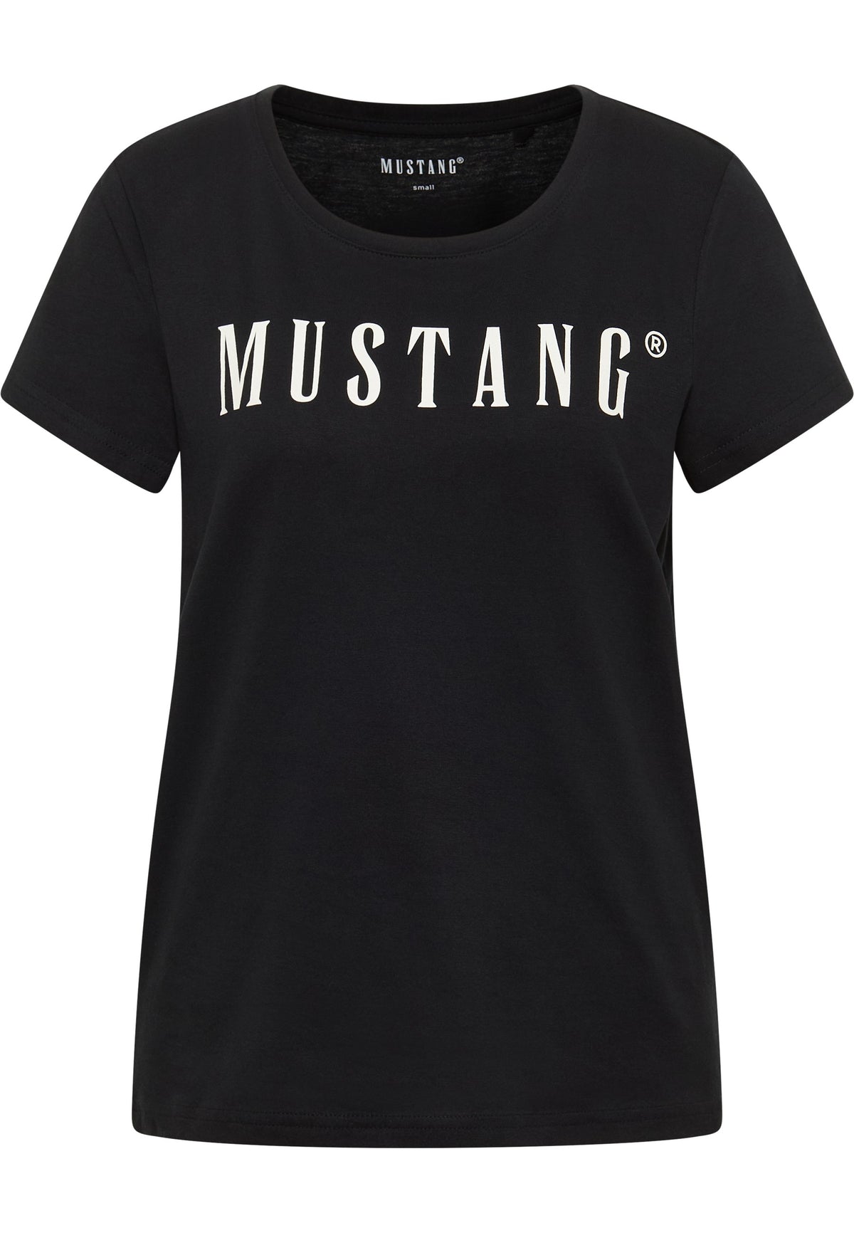 Tricou Alma negru, față, imprimeu alb „MUSTANG” pe piept