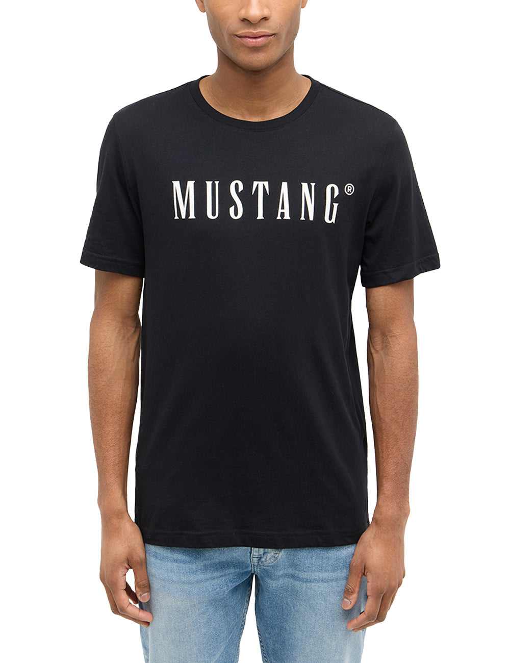Tricou Austin negru, față, imprimeu alb-crem „MUSTANG” pe piept