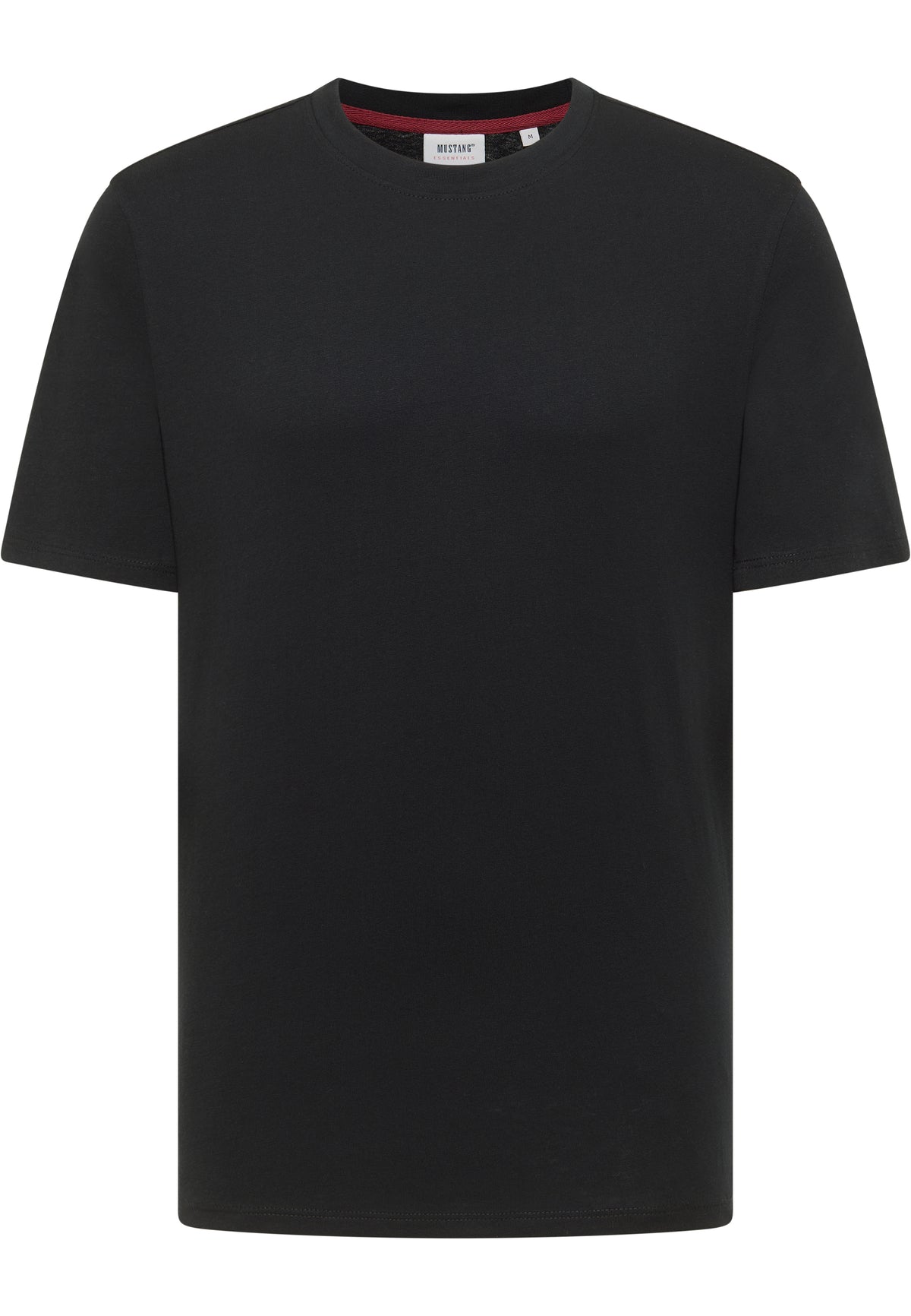 Tricou Austin negru, față, guler rotund cu bandă interioară în dungi bordo