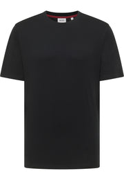Tricou Austin negru, față, guler rotund cu bandă interioară în dungi bordo