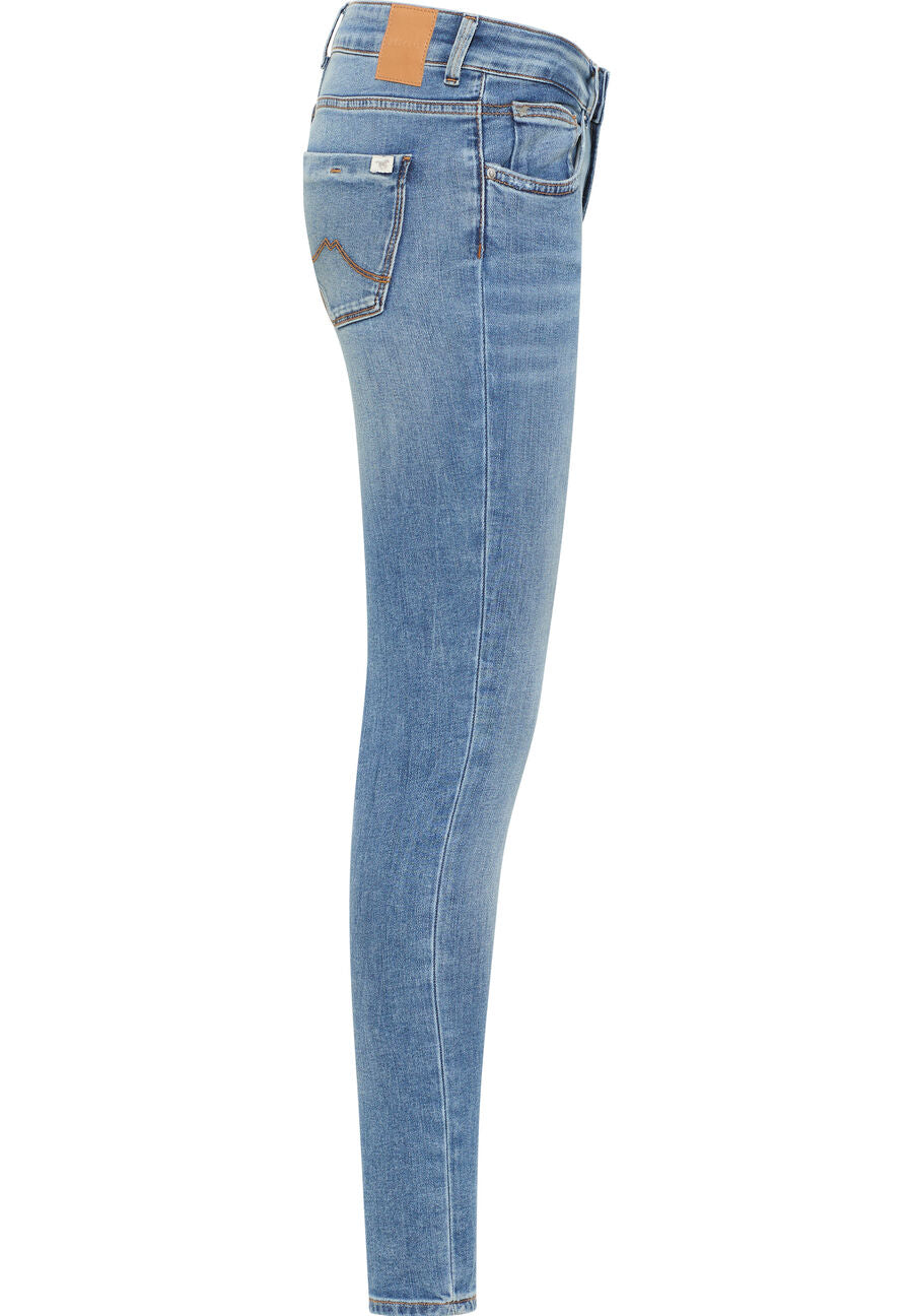 Blugi Skinny Quincy albastru, lateral, buzunar spate cu cusătură decorativă în formă de M
