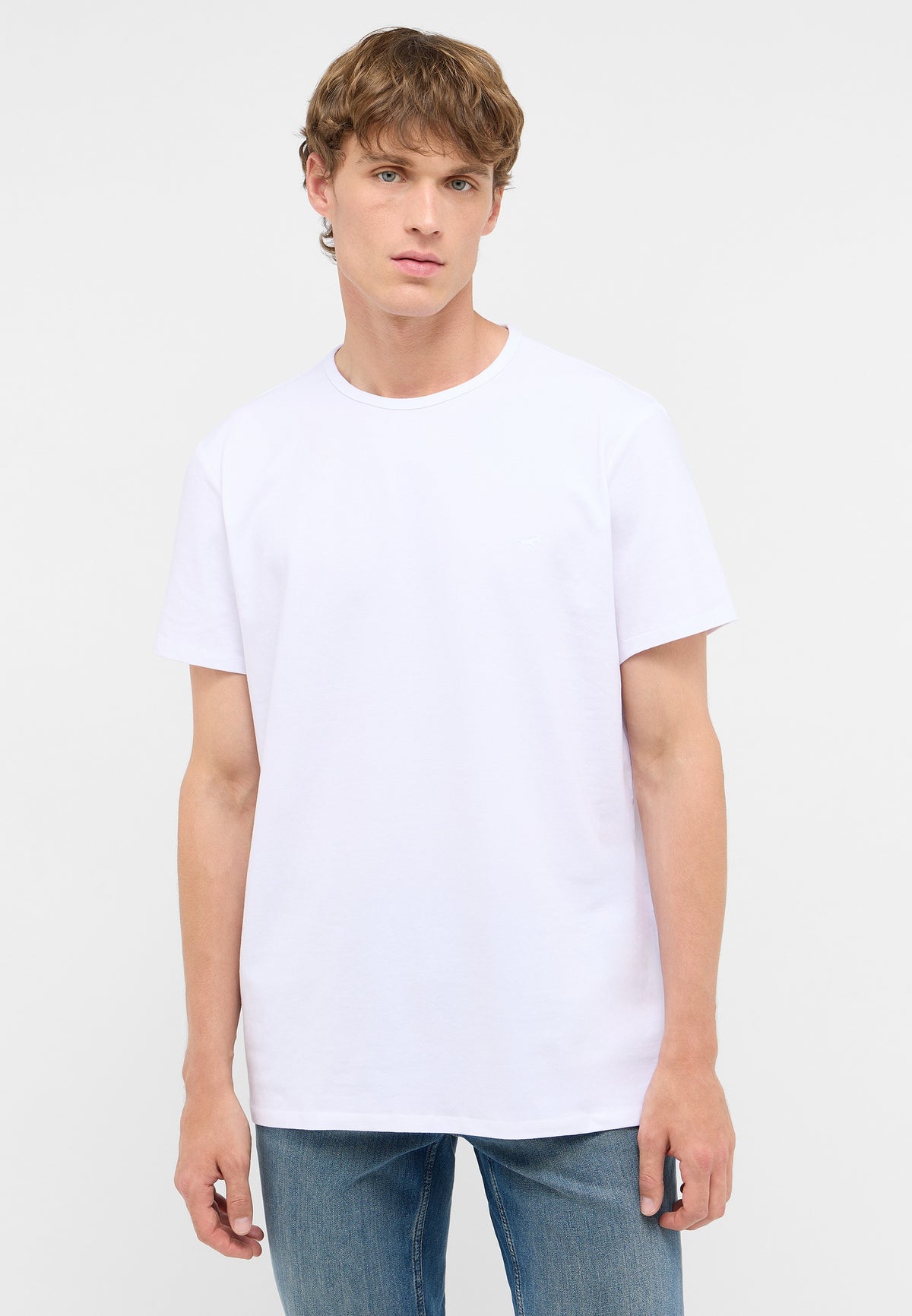 Tricou Allen 2-Pack alb, față, purtat pe model, prim-plan pe bust și guler